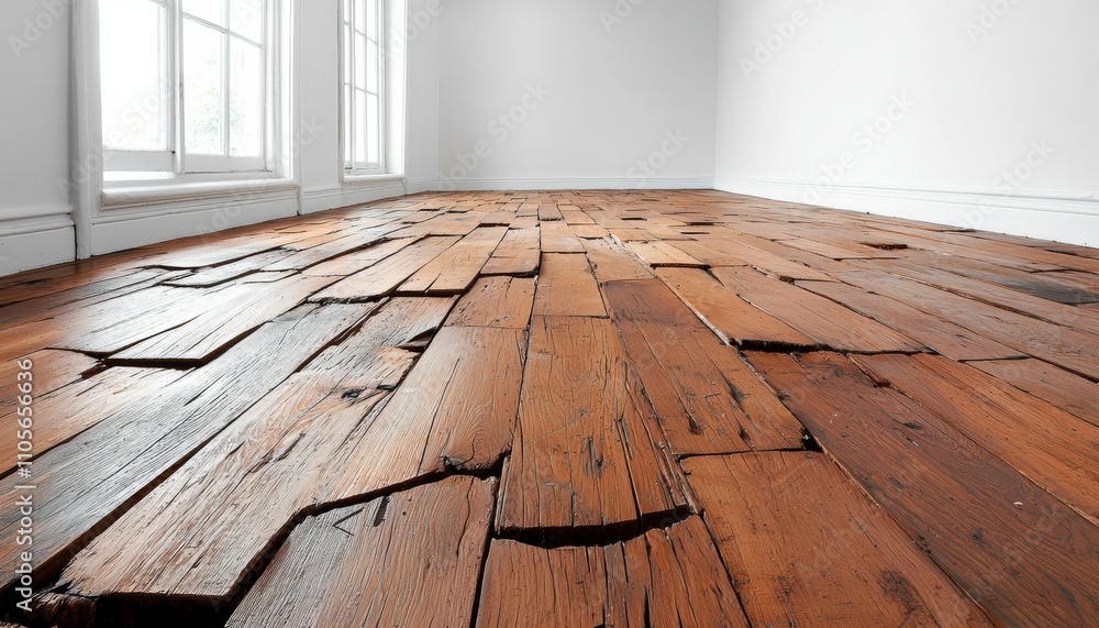 A room with weathered wooden flooring, featuring cracked planks, illuminated by natural light from large windows. A room with weathered wooden flooring, featuring cracked planks, illuminated by natural light from large windows.