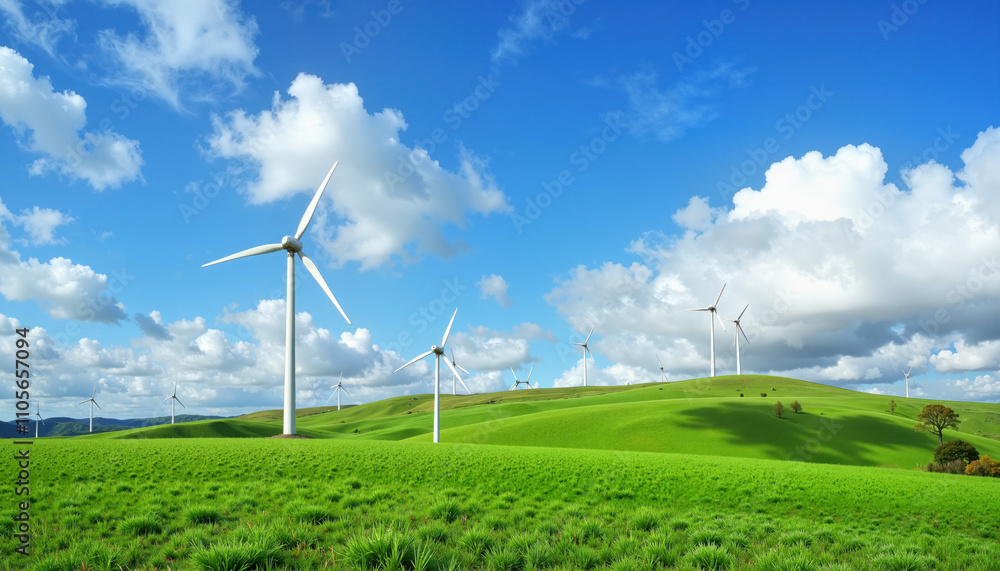 Rolling green hills with wind turbines under bright blue sky Rolling green hills with wind turbines under bright blue sky