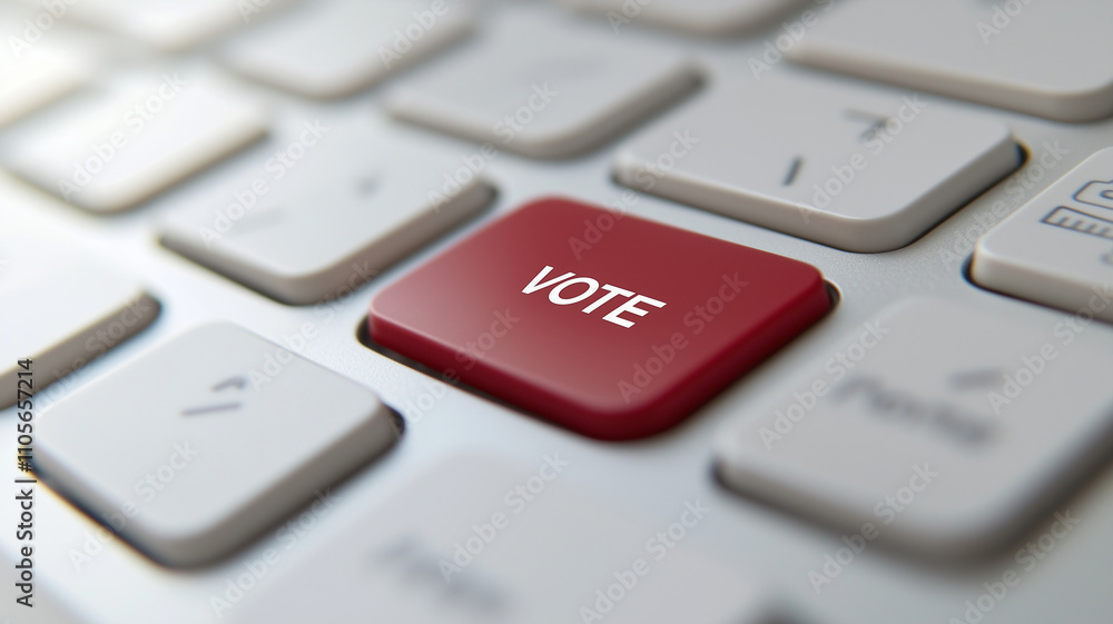 Close up of white computer keyboard featuring red vote key, symbolizing civic engagement Close up of white computer keyboard featuring red vote key, symbolizing civic engagement