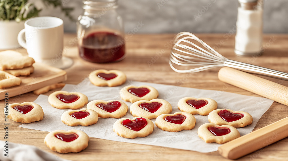 Homemade heart-shaped cookies with red jam on parchment paper in a cozy kitchen, festive Valentine’s Day treat Homemade heart-shaped cookies with red jam on parchment paper in a cozy kitchen, festive Valentine’s Day treat