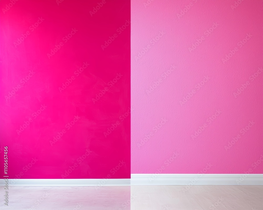 A vibrant split wall with one side deep pink and the other a lighter shade, creating a striking contrast in color. A vibrant split wall with one side deep pink and the other a lighter shade, creating a striking contrast in color.