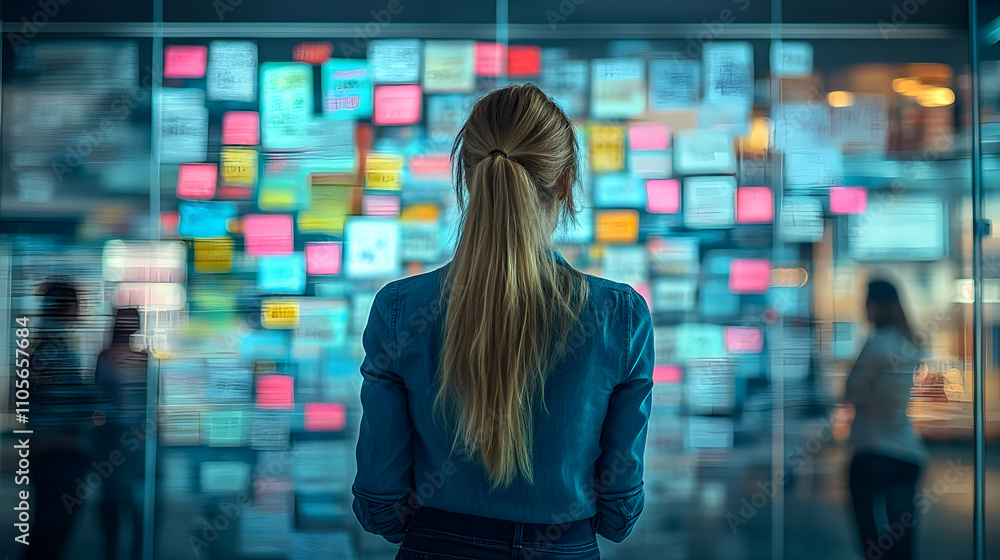 Woman Reviews Colorful Sticky Notes on Glass Wall, Brainstorming Ideas for Project Woman Reviews Colorful Sticky Notes on Glass Wall, Brainstorming Ideas for Project