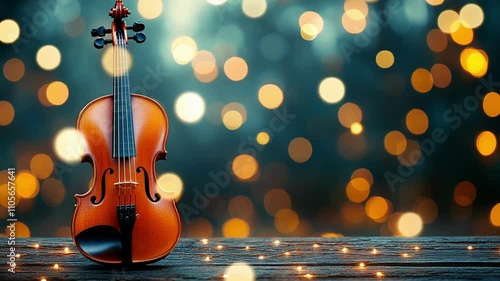 Violin rests on wood bokeh lights create festive backdrop, generative ai
