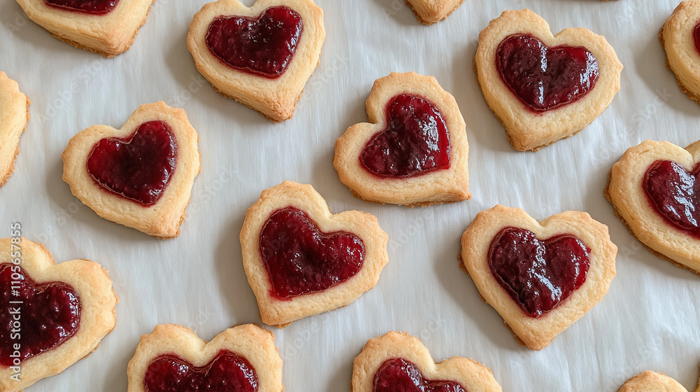 Heart-shaped cookies with red jam on parchment paper, festive and sweet Valentine’s Day treat Heart-shaped cookies with red jam on parchment paper, festive and sweet Valentine’s Day treat