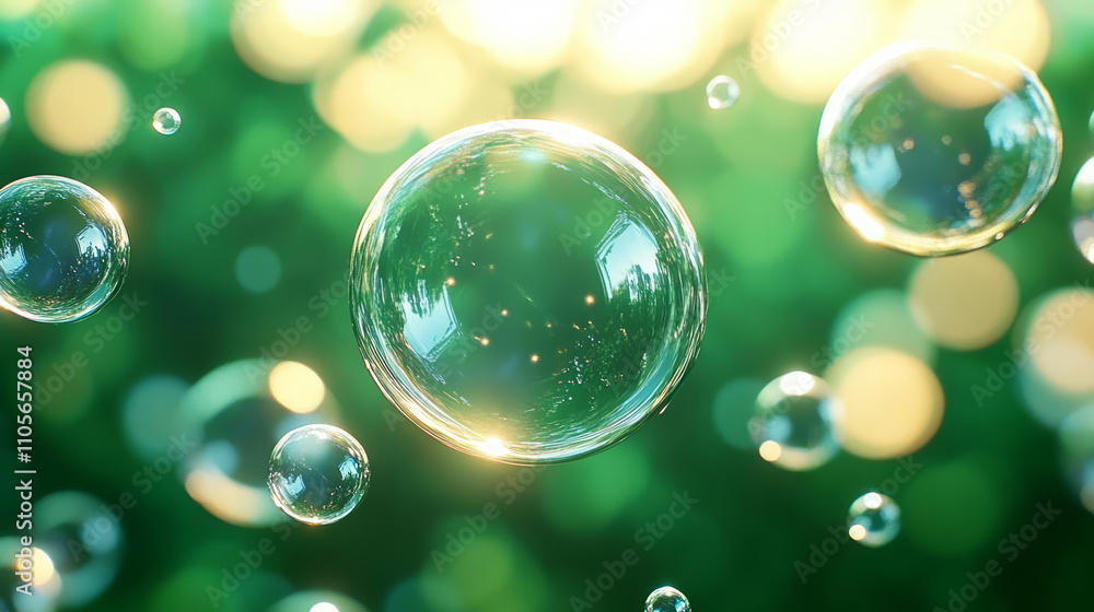 Green fresh soap bubbles floating in the air background Green fresh soap bubbles floating in the air background