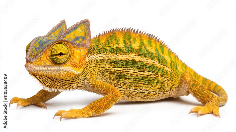 Obraz premium Vibrant Chameleon Reptile Perched on Branch with Colorful Camouflage Pattern Texture