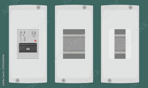 Wall mounted fuse boxes. Set of empty fuse boxes and fuse box with mounted circuit breaker. Vector illustration in flat style. EPS10