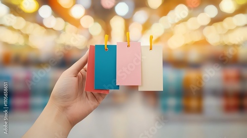 Closeup of customer s hand holding multiple product tags, bright store lighting, contrasting prices, representing choice photo