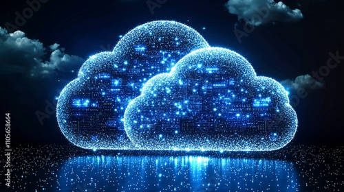 A sleek data center illuminated by glowing LED lights representing cloud computing and AI solutions Stock Photo with side copy space