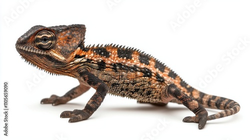 Closeup of a vibrant green and brown spotted chameleon lizard perched on a tree branch in its natural rainforest habitat