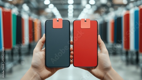 Customer holding price tags of two phones for comparison, tech store lighting, side angle, reflecting choice in technology value photo