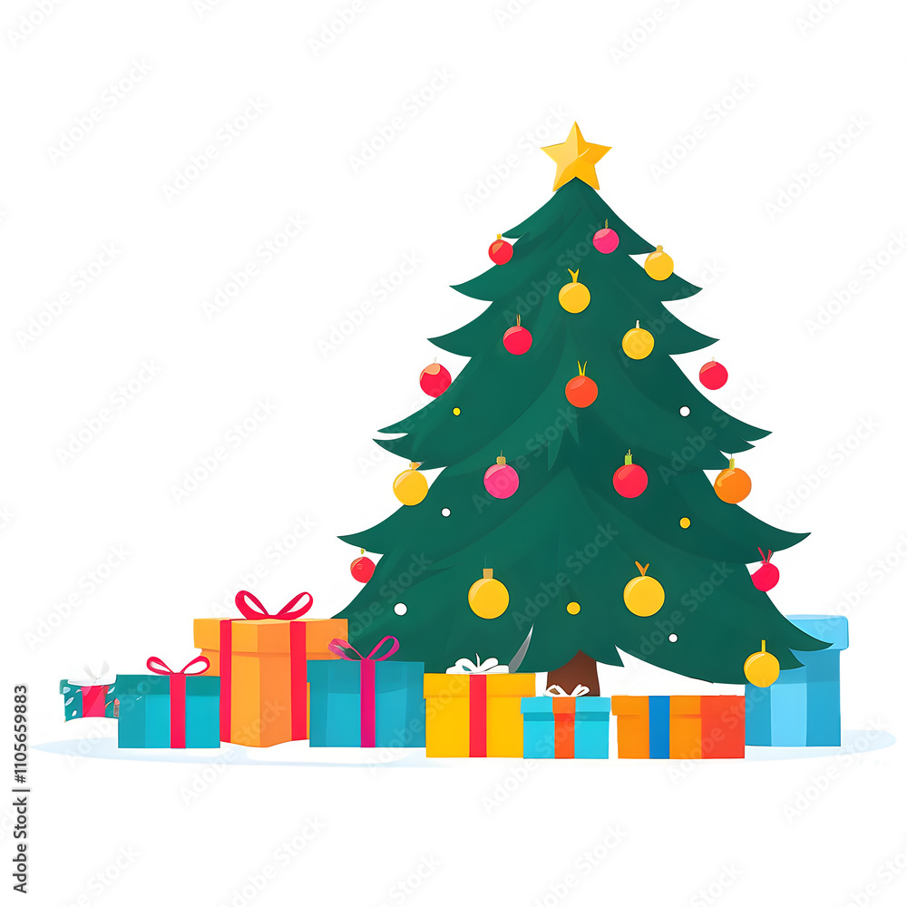 Decorated Christmas Tree with Gifts and Glowing Star Decorated Christmas Tree with Gifts and Glowing Star