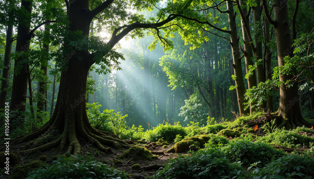 Obraz premium Sunlight streaming through trees in lush green forest