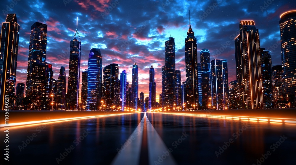 Futuristic Cityscape at Dusk with Vibrant Lights