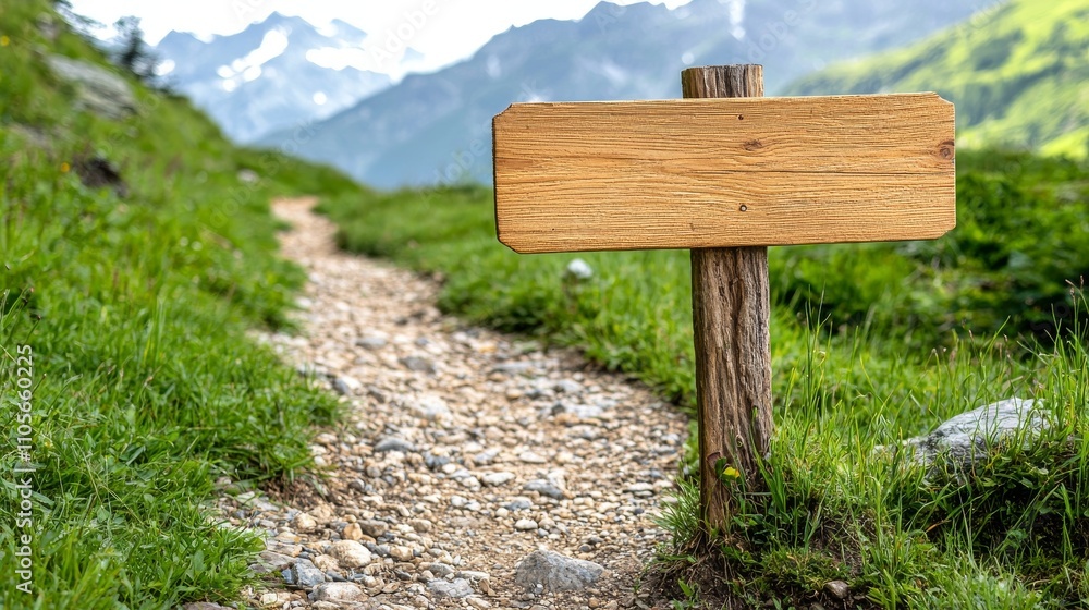 Scenic Hiking Trail with Blank Wooden Sign Scenic Hiking Trail with Blank Wooden Sign