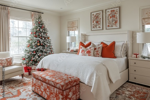 White bedroom with Christmas tree and presents in front of the bed, decorated in red, white, and orange color theme for a festive holiday atmosphere.