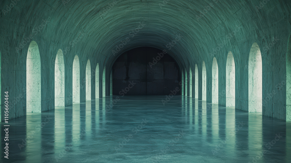 Fototapeta premium massive underground chamber with arched windows and reflective floor creates serene atmosphere. cool tones and smooth surfaces evoke sense of tranquility and spaciousness