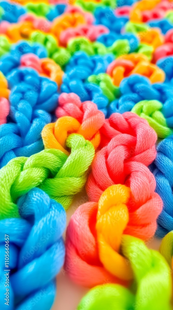 A close-up shot of colorful, twisted, elastic bands arranged in a pattern on a white background. A close-up shot of colorful, twisted, elastic bands arranged in a pattern on a white background.