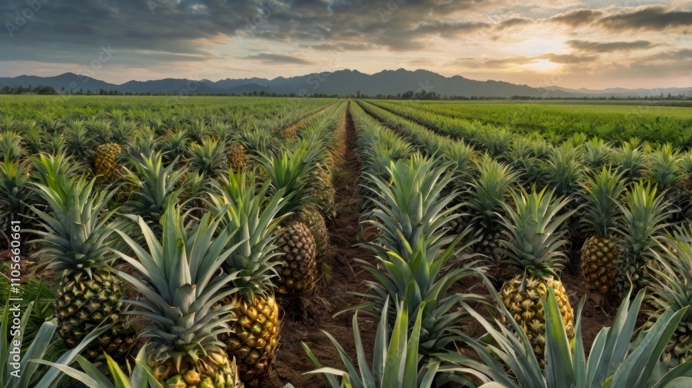 Here's a description and keywords for your image.. Sunset over rows of ripening pineapples in a vast agricultural field. Here's a description and keywords for your image.. Sunset over rows of ripening pineapples in a vast agricultural field.