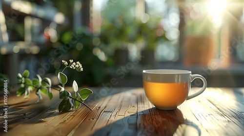 Earlier in the day fresh herbal tea in a cup arrives on a wood desk in a calm area