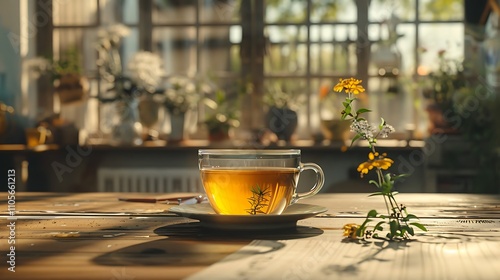 Earlier in the day fresh herbal tea in a cup arrives on a wood desk in a calm area