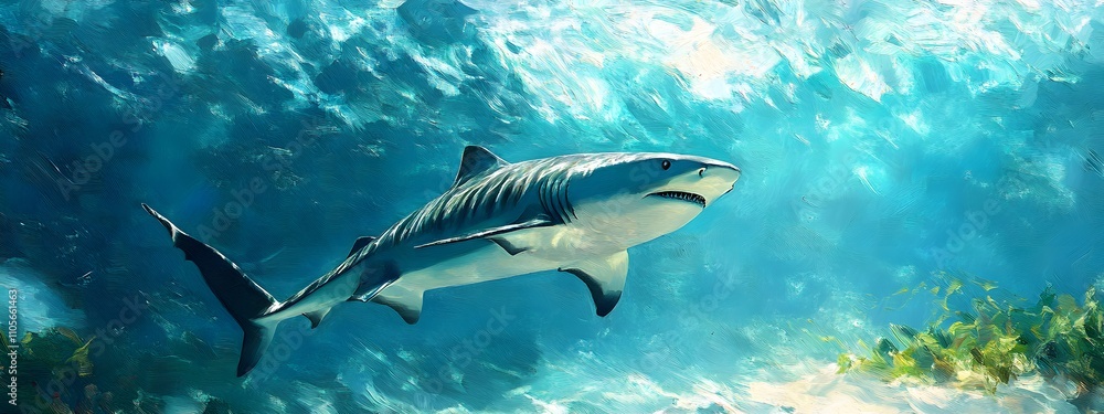 Naklejka premium A tiger shark swimming in the ocean, lies on white sand with sea plants and corals