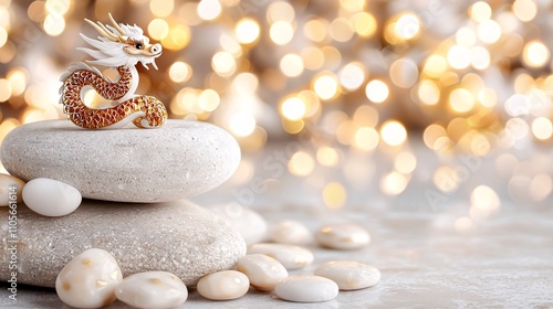 A decorative golden dragon sits atop smooth stones, surrounded by a soft bokeh background, creating a serene and enchanting atmosphere.