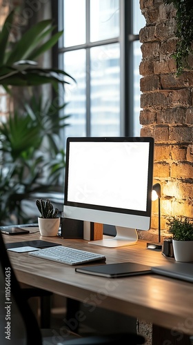 Wallpaper Mural Modern Industrial Workspace with Cozy Aesthetic ,Modern Digital Presence showcase , Modern workspace with computer and plants ,Hygge-Inspired Workspace with Cozy Minimalist Desk Torontodigital.ca