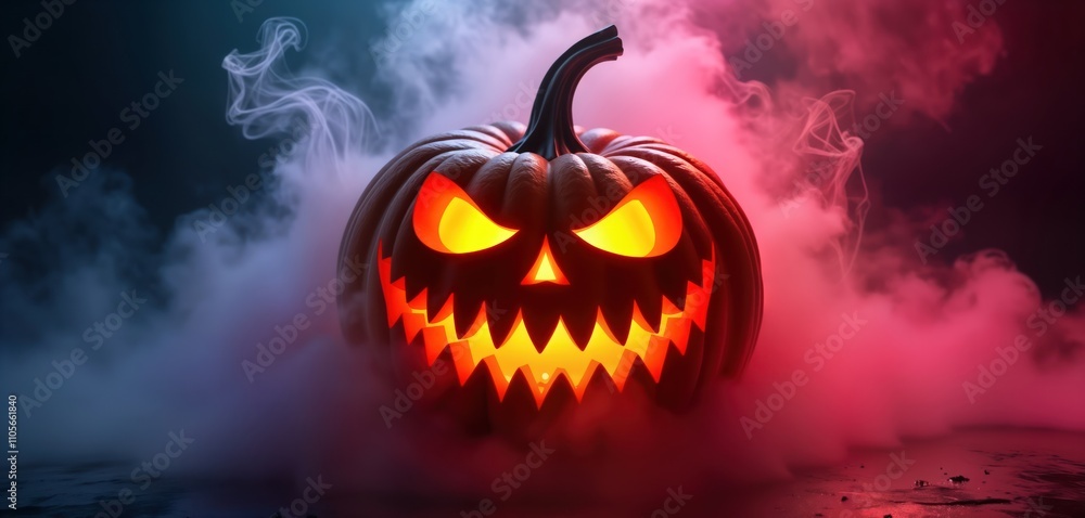 Fototapeta premium Scary jack-o-lantern pumpkin in dark night scene with colorful smoke, neon light. Halloween spooky decoration. Copy space. Scary pumpkin face. Luminous face with glowing eyes, mouth. Halloween