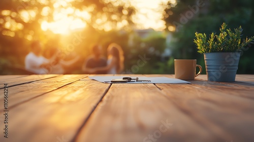 Loan documents and house key on table with happy family celebrating in background, slight focus on items, golden hour lighting photo