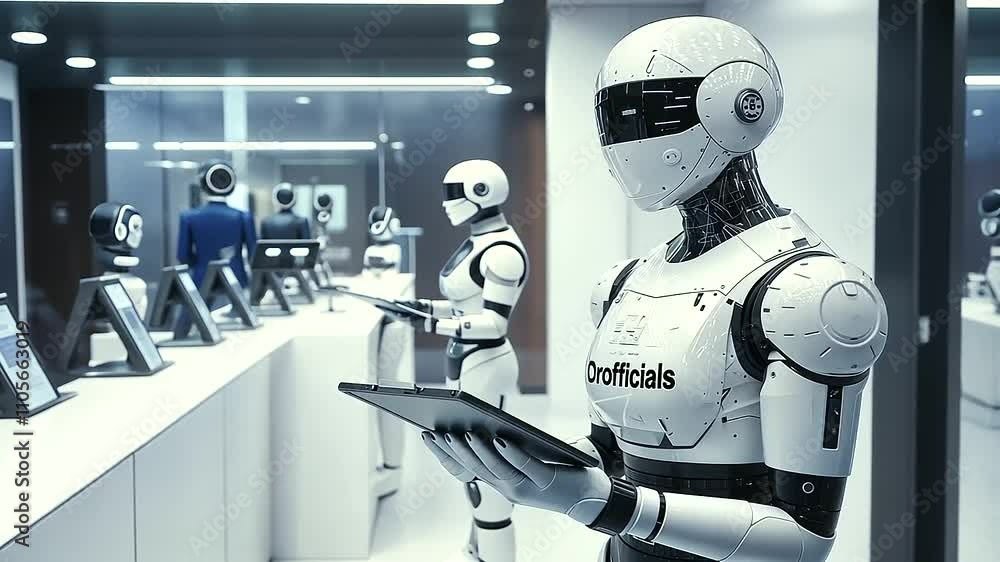 Robot AI Inspecting Government Office with Officials Processing Paperwork Robot AI Inspecting Government Office with Officials Processing Paperwork
