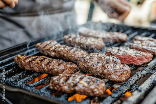 Yard barbecue with tender veal steaks and an unrecognisable man in an apron watches over the grill of the beef fillets photo