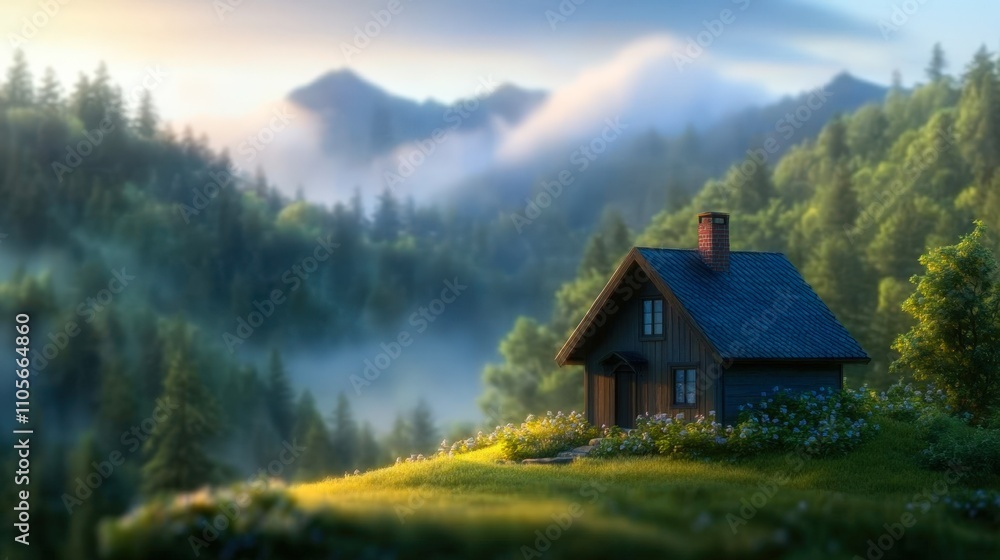 Fototapeta premium A serene wooden cabin nestled in lush greenery and misty mountains, perfect for nature retreats, travel brochures, or home landscaping designs, It evokes tranquility and rustic charm,