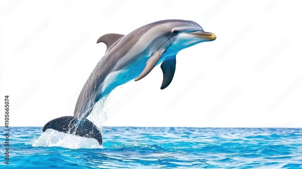 Naklejka premium Majestic Dolphin Leaping out of Turquoise Ocean Waves in Tropical Paradise