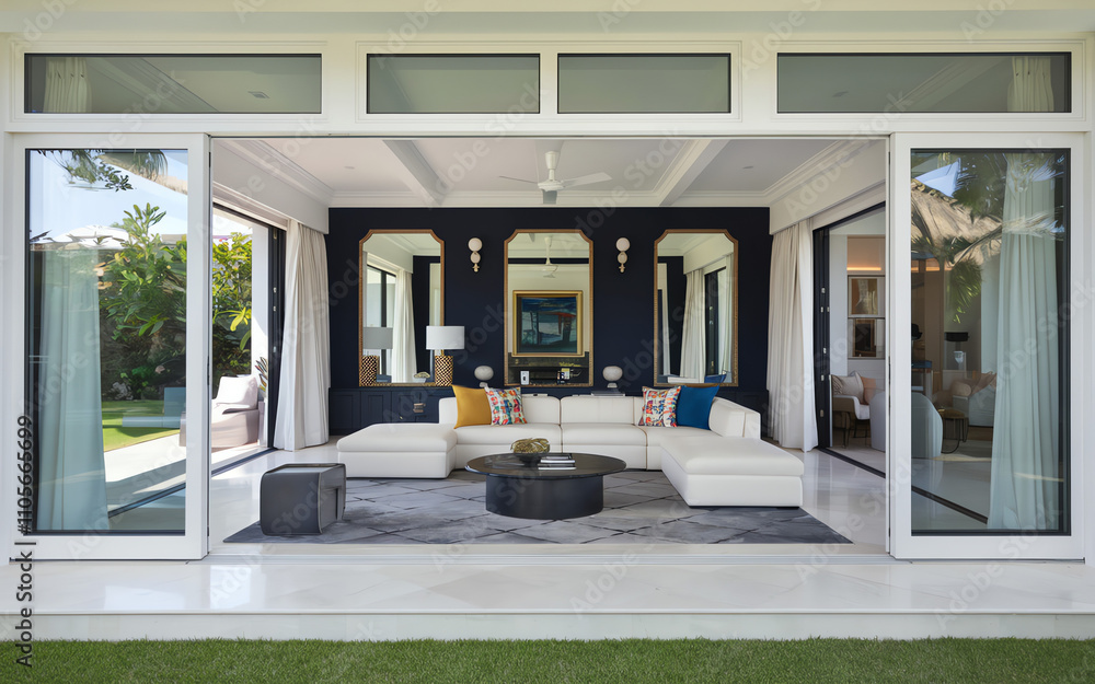 Obraz premium Stylish modern living room with open design featuring comfortable furniture and a view of the garden