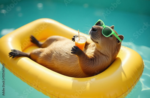 A capybara in sunglasses with an cocktail in its paw swims in a pool on a yellow inflatable swimming mattress