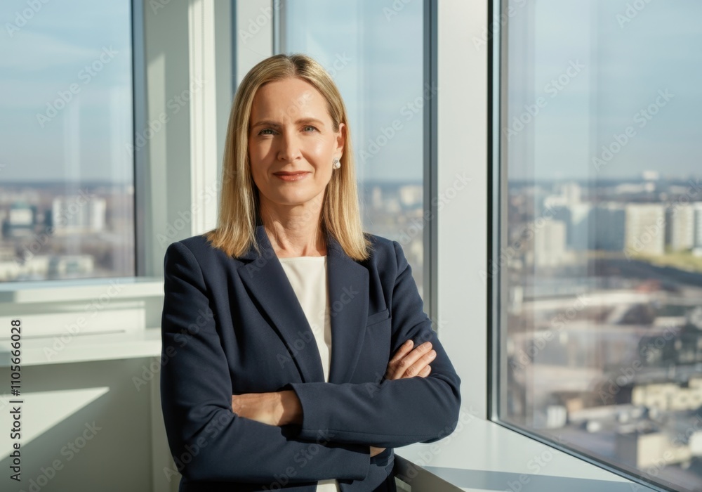 Confident caucasian mature female executive in modern office building with city view Confident caucasian mature female executive in modern office building with city view