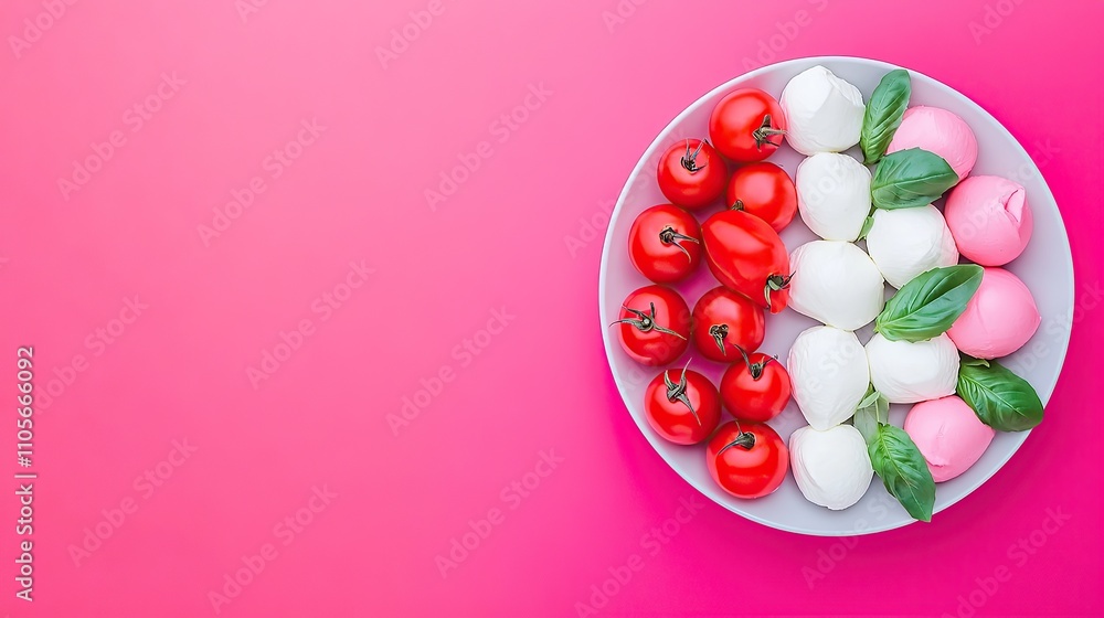 Fresh mozzarella balls, cherry tomatoes, and basil leaves on a gray plate against a pink background. Fresh mozzarella balls, cherry tomatoes, and basil leaves on a gray plate against a pink background.
