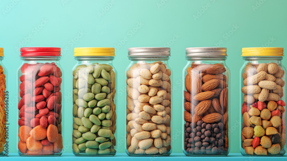 A colorful arrangement of jars filled with various nuts and snacks against a teal background, highlighting health and variety in snacks. A colorful arrangement of jars filled with various nuts and snacks against a teal background, highlighting health and variety in snacks.