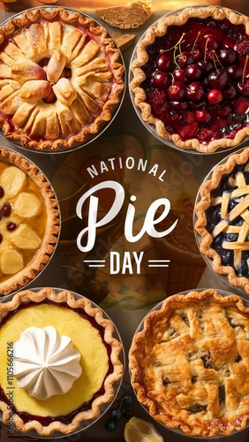 Appetizing pies with different fillings around the inscription “national pie day”. Vertical banner with baked goods in photorealistic style, top view