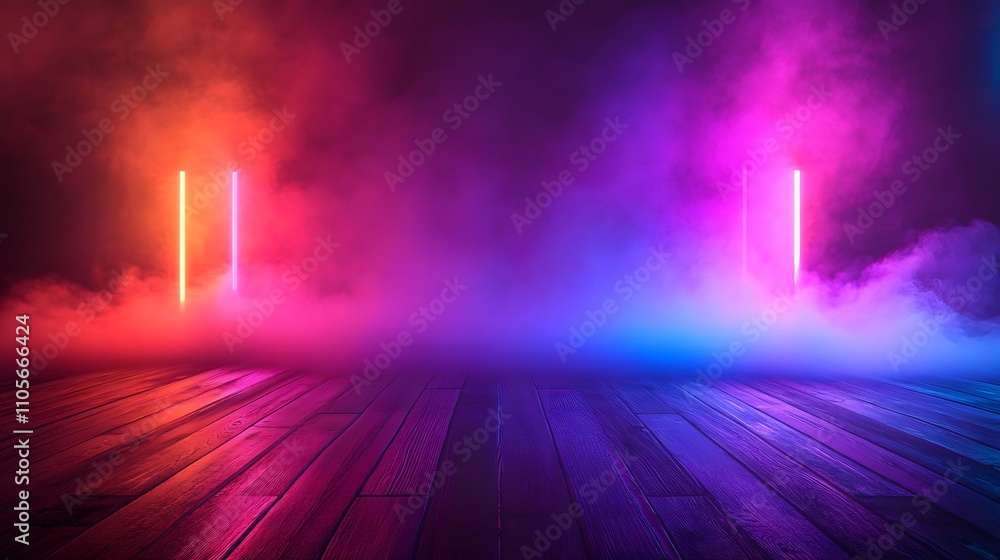 Fototapeta premium Neon Lights Illuminate Smoky Wooden Floor