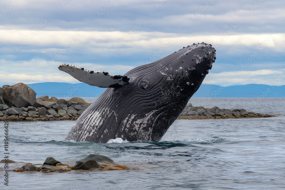 Fototapeta premium Humpback whale breaching near rocky coastline on an overcast day in the ocean