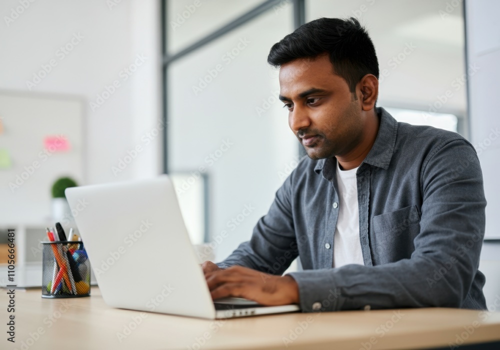 Young asian male adult working on laptop in office setting Young asian male adult working on laptop in office setting