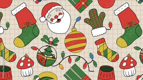 Seamless festive holiday background pattern with colorful Christmas ornaments