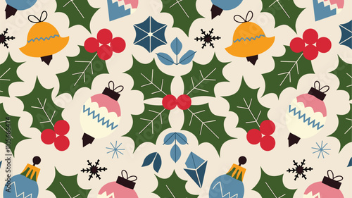Seamless festive holiday background pattern with colorful Christmas ornaments