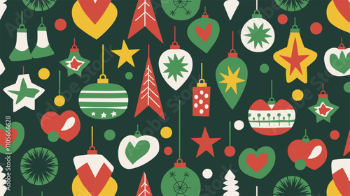 Seamless festive holiday background pattern with colorful Christmas ornaments