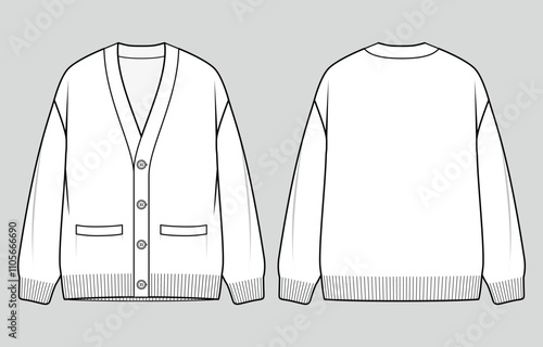 Men's v-neck knit cardigan. Button placket jumper. Vector technical sketch. Mockup template.