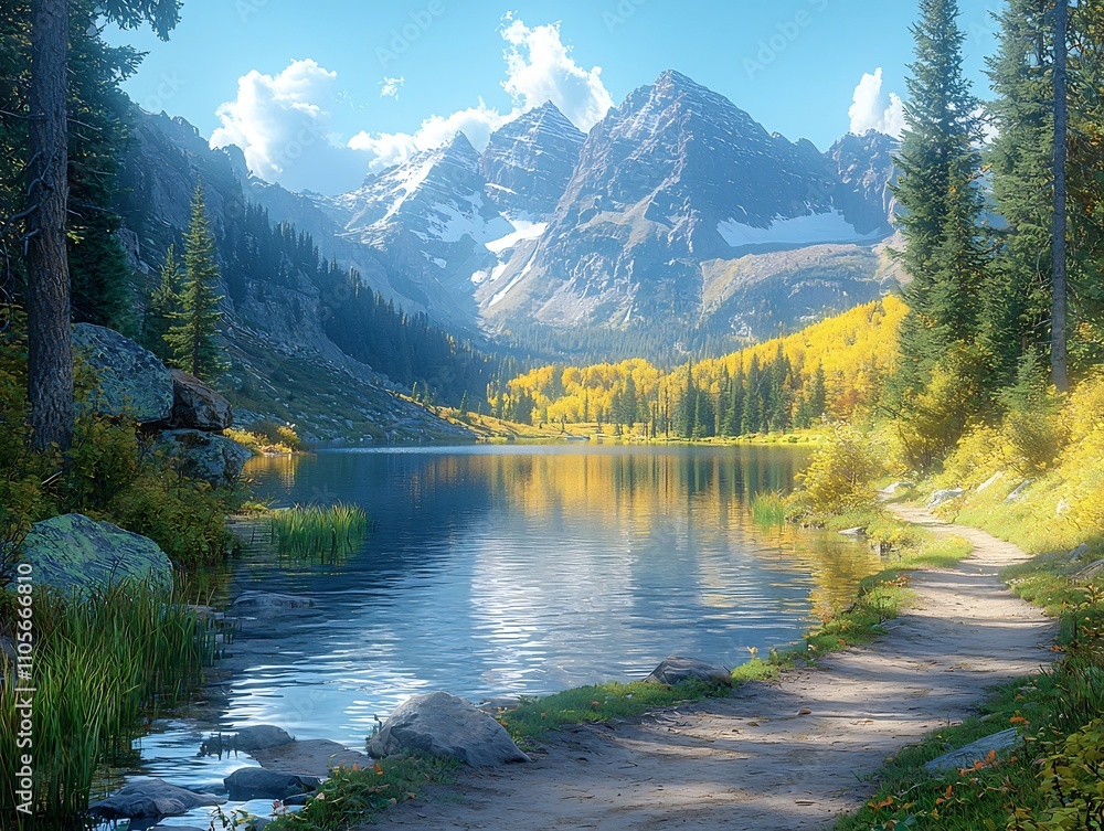 Serene Hiking Trail Alongside Idyllic Mountain Lake with Autumn Foliage Reflection Serene Hiking Trail Alongside Idyllic Mountain Lake with Autumn Foliage Reflection