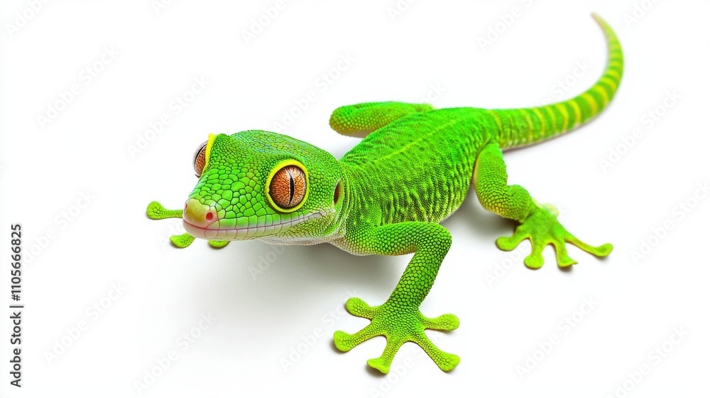 Vibrant Green Gecko Reptile Climbing on Branch in Natural Environment Vibrant Green Gecko Reptile Climbing on Branch in Natural Environment