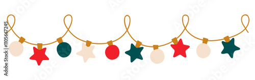 Christmas lights garland with colored star and bulbs. Xmas festive string decoration with hanging retro ball. Glowing string with lamps for holiday cards, banners, posters, web. Vector illustration.